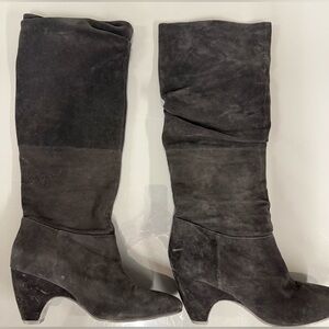 Eileen Fisher Ditto Tall Ruched Black Suede Pull-On Heel Boots